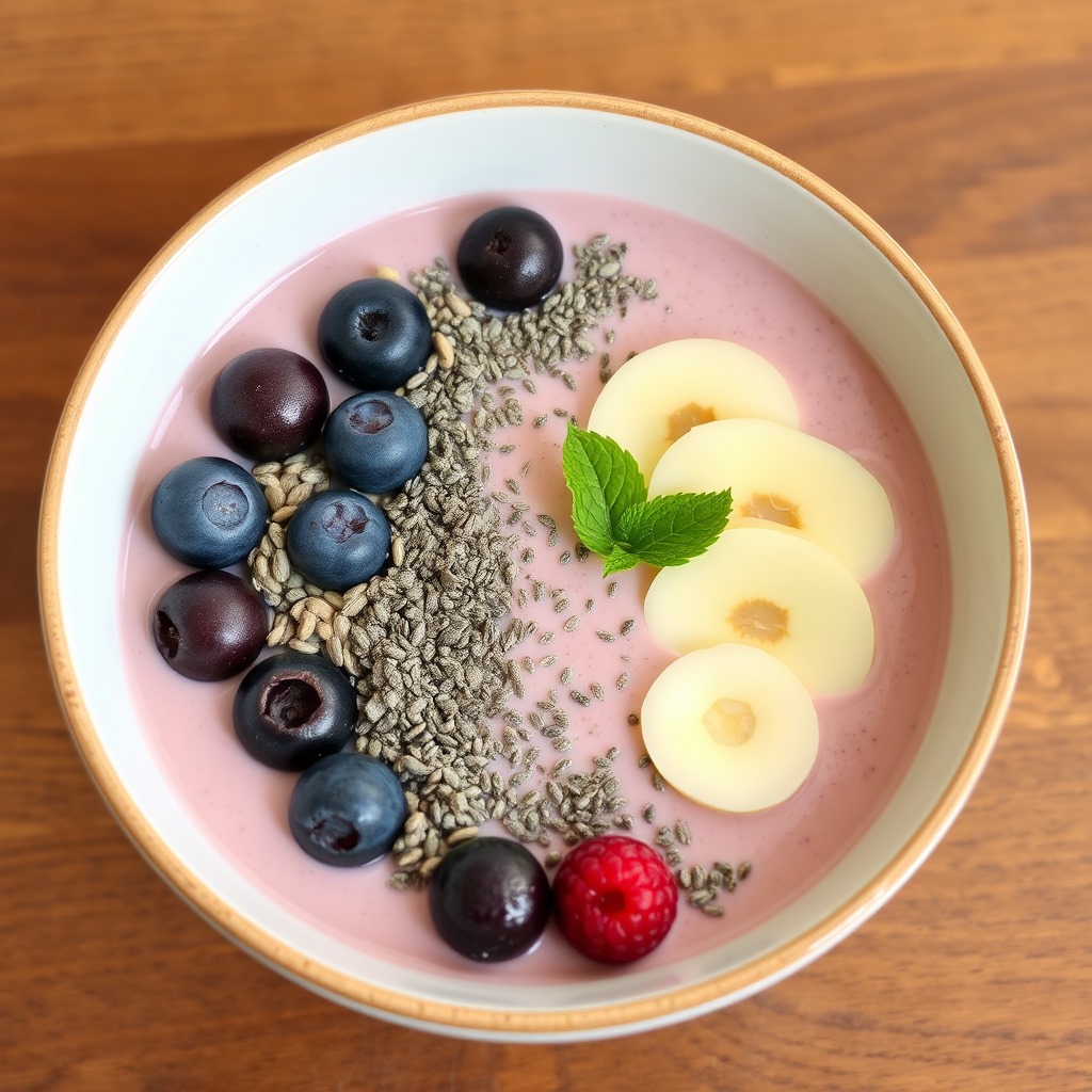 Organic almond milk Smoothie Bowl with chia seeds topping